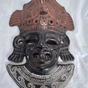 Vintage MCM Mexican Black Clay Barro Negro Folk Art Aztec Mayan Mask  Wall Decor